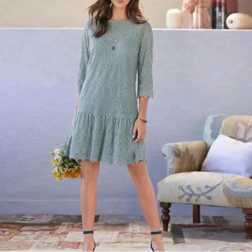 Sundance Windflower Whisper Overlay Embroidered Lace Silver Sage Dress S